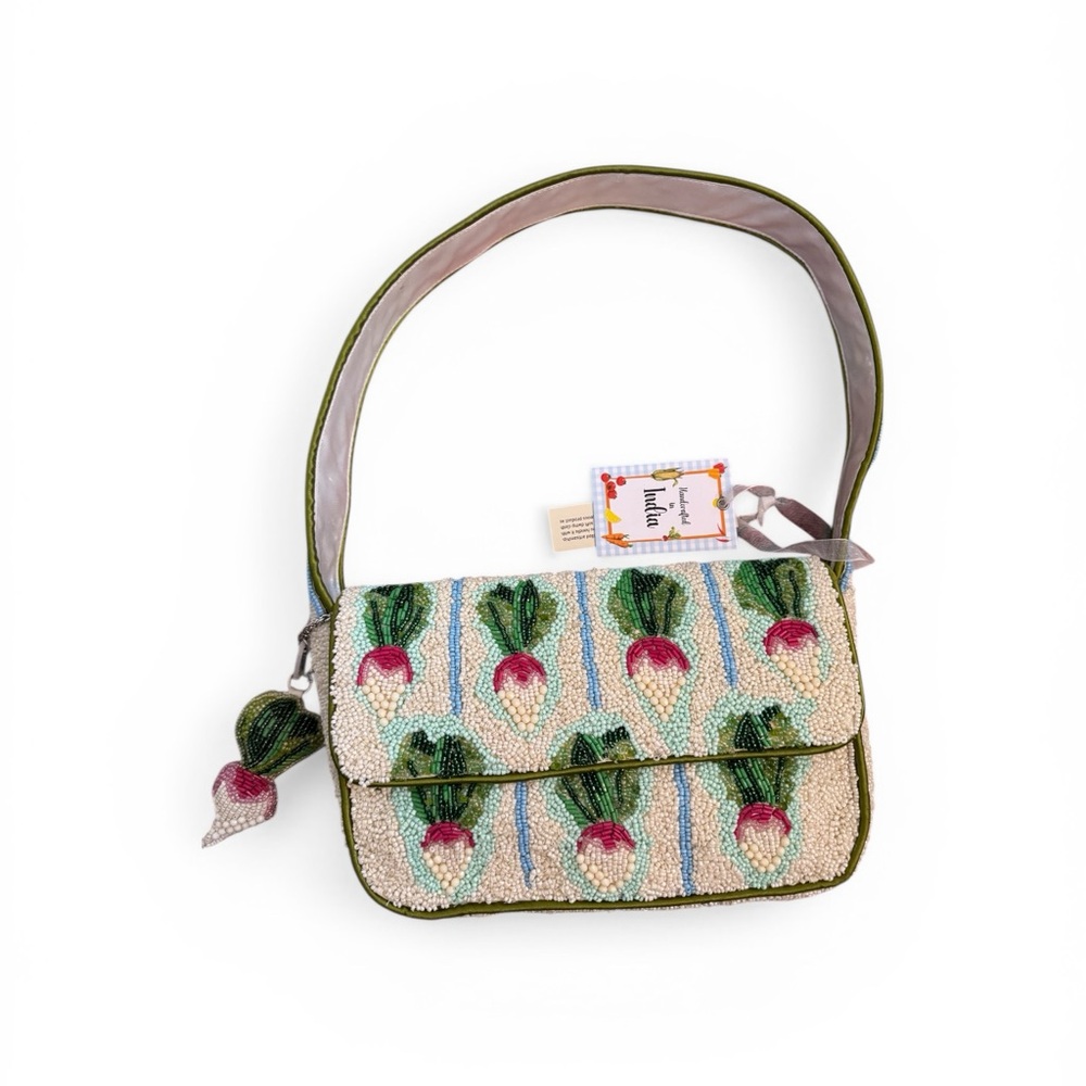 Hand-Beaded Vegetable Motif Shoulder Bag - Cream & Green